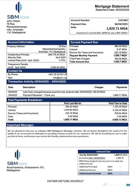 Download Madagascar Banque SBM Madagascar mortgage statement Word and PDF template Photoshop template
